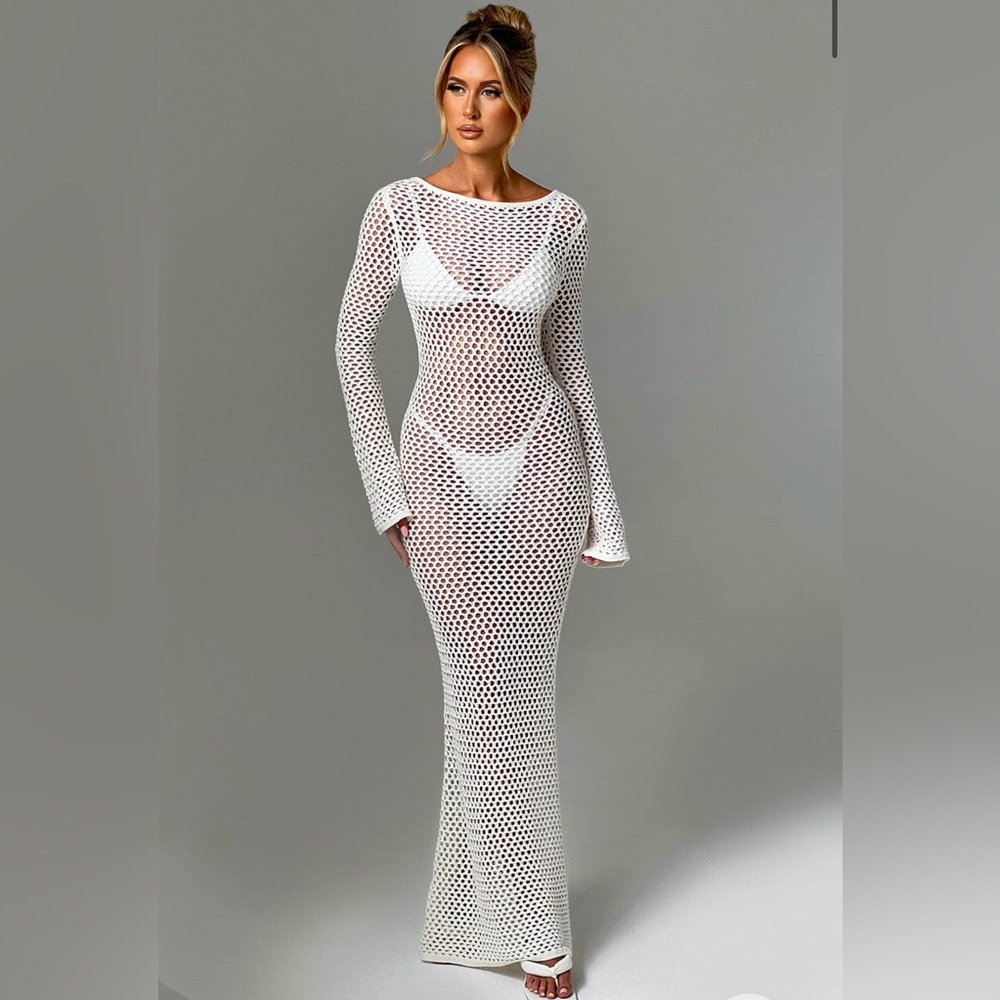 White Crochet Maxi Dress - Elegant Long Sleeve Beach Cover-Up